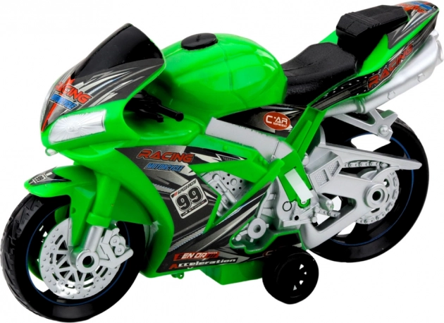 Moto da corsa con effetti luminosi e sonori, giocattolo verde
