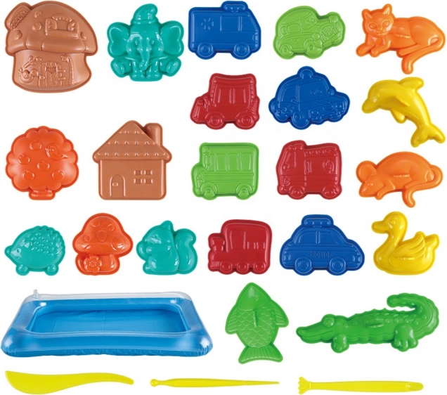 Magisch kinetisch zand Woopie 0,8 kg - set in mand met vormpjes