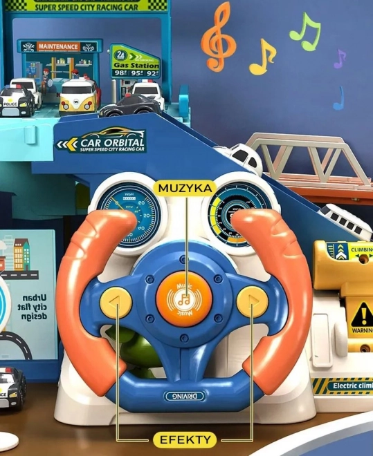 Parking Garage with Interactive Steering Wheel and 4 Cars