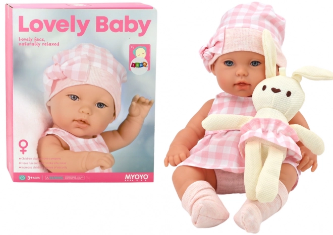 Baby Doll with Pink Checkered Outfit and Bunny Carrier