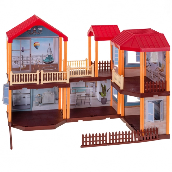 Doll House Villa with Red Roof, Lighting & Furniture Set