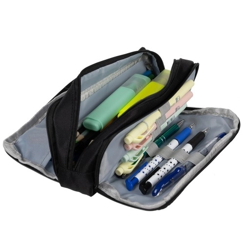 Stylish Black Triple Compartment Pencil Case