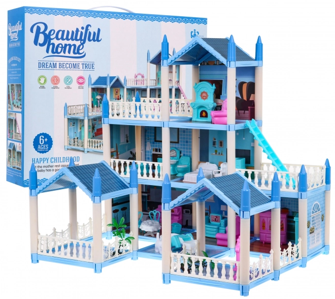 Three-story Dollhouse Blue Villa Gift for Girls 6+