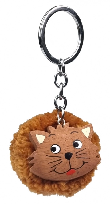 Cat Wooden Keychain with Pompon