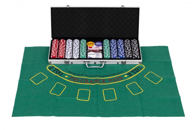 Poker és Blackjack készlet – 500 zseton, 2 pakli kártya, kockák, játéktábla, zárható táska