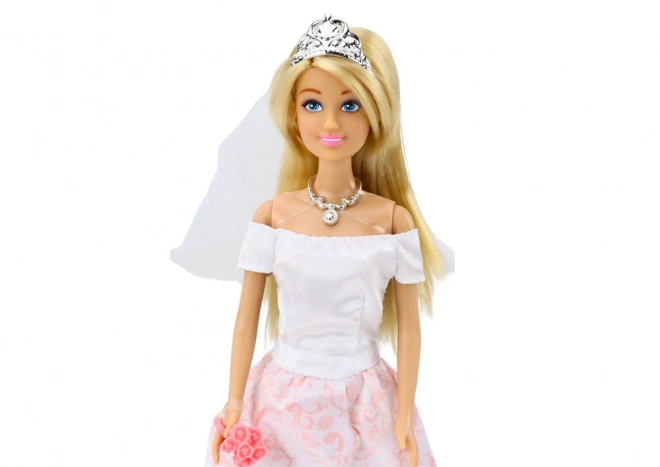 Bride Doll in Wedding Dress with Veil and Flowers