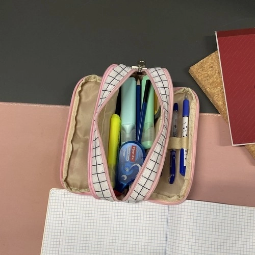 Foldable Triple Compartment School Pencil Case in Checkered