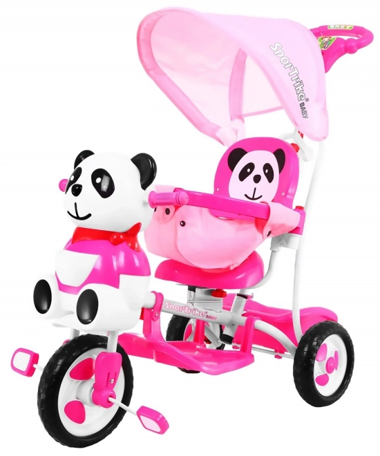Dětské tříkolové kolo Panda + zvuky + stříška + zábrana + opěrka nohou + rukojeť + ližiny + úložný prostor – Růžové