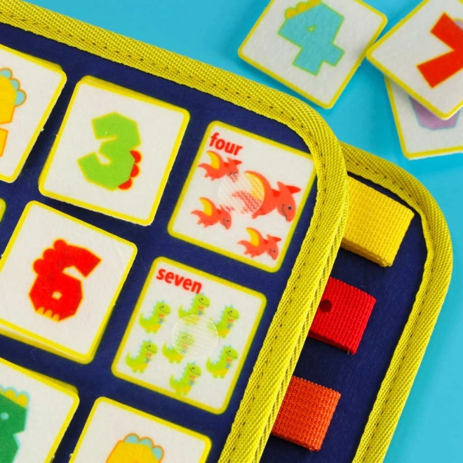 Montessori szenzoros manipulációs tábla dinoszaurusz mintával, kék