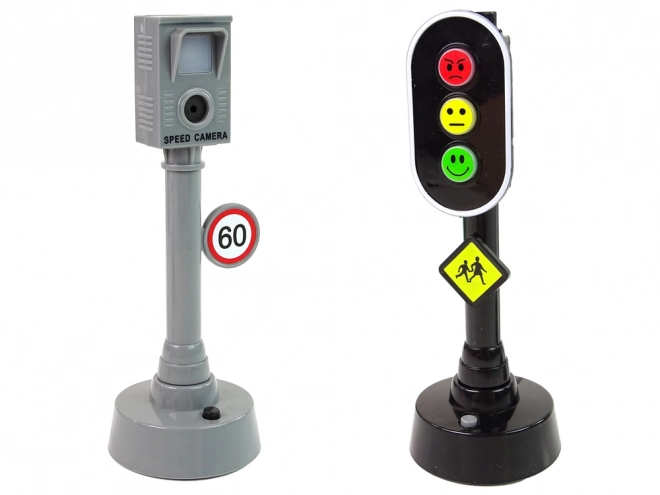 Toy Car Set with Traffic Lights and Road Signs