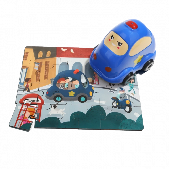 Top Bright Wooden Puzzle With Toy: Police Car