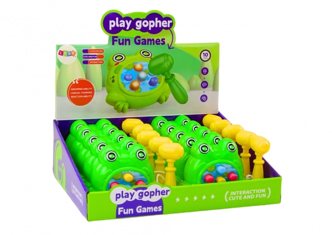 Mini whack-a-mole frog toy with hammer and string