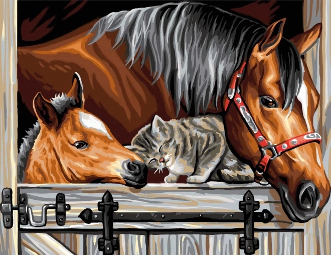 Diamond Painting Horses with Cat 30x40cm