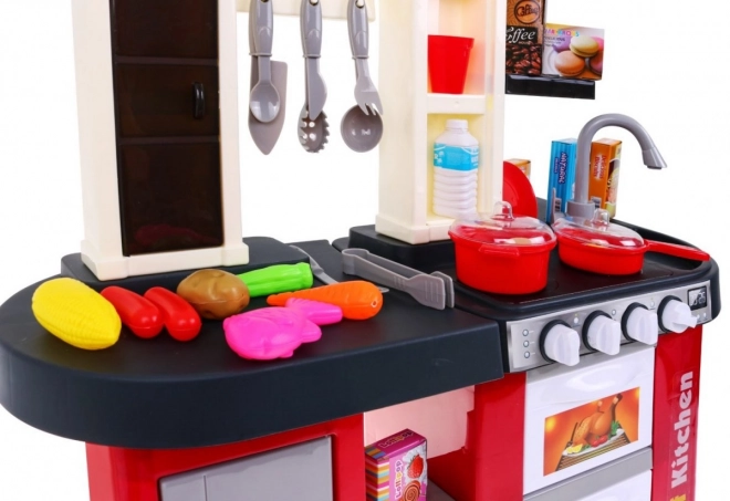 Interactive Red Children's Kitchen With Sound And Light Burners + Water Faucet + 58 Accessories