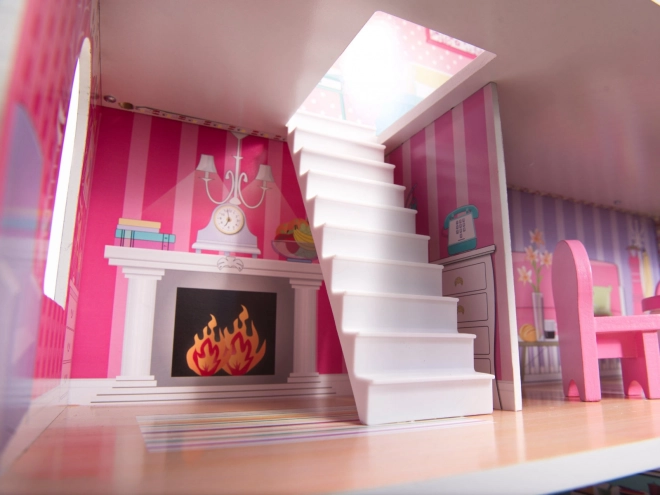 wooden dollhouse with pink LED lights