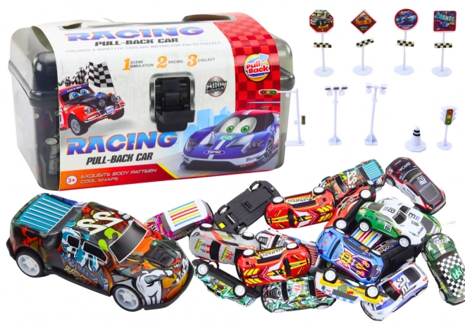 Set of Diecast Cars in Case with Traffic Signs