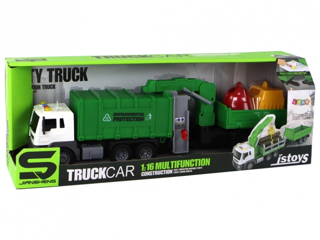 Green Friction-Powered Garbage Truck with Crane 1:16 Scale