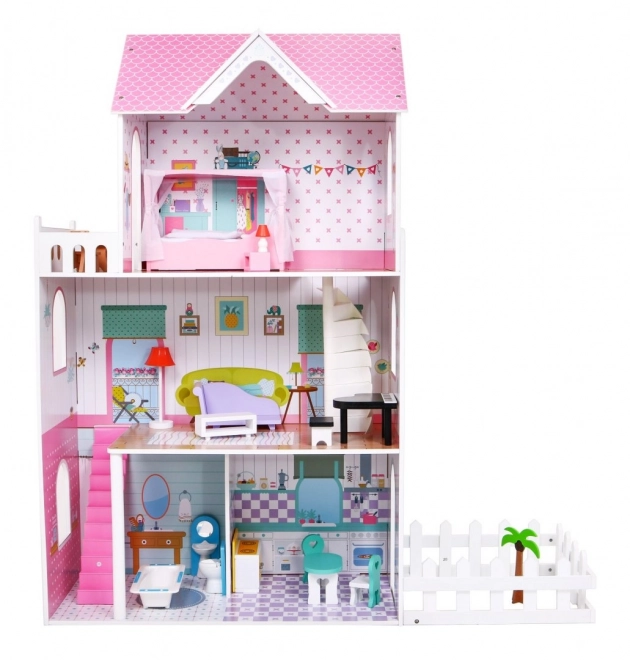Wooden Dollhouse Pink for Kids 3+ with Equipment and Furniture