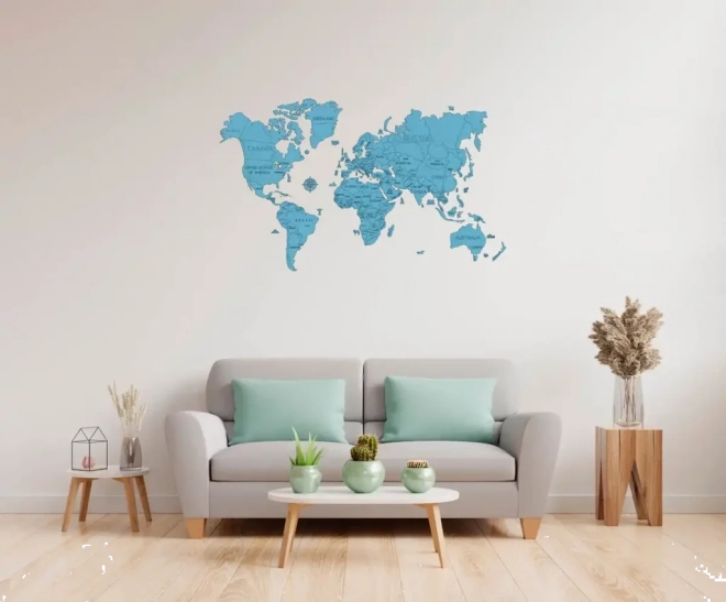 Wooden World Map 3D Wall Art - Natural Cyan XL