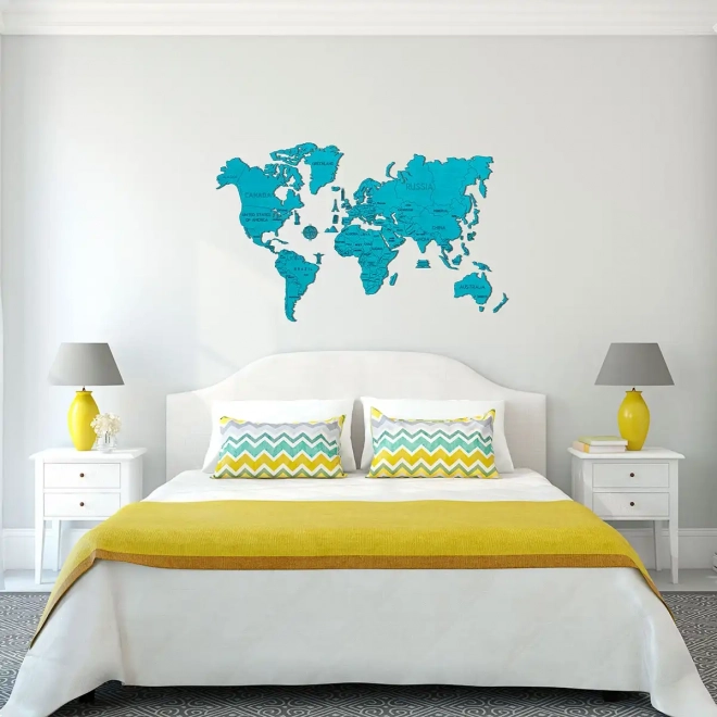 Wooden World Map 3D Wall Art - Natural Cyan XL