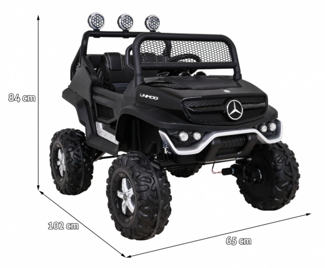 Mercedes Benz Unimog pro děti černý + pohon 4x4 + dálkové ovládání + zavazadlový prostor + pomalý start + MP3 LED