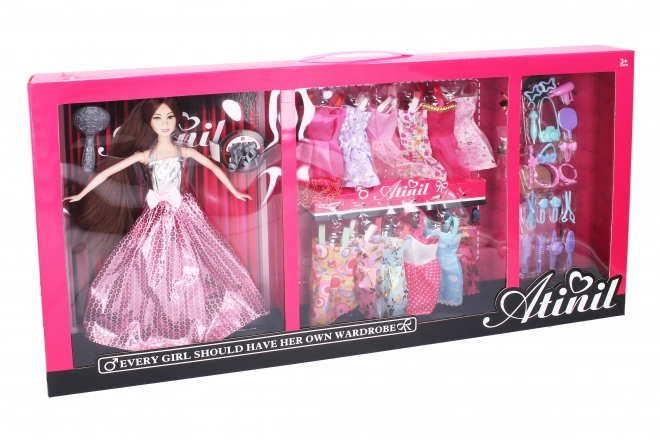 Doll with Wardrobe and Dresses Set