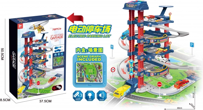 Grande garage parcheggio interattivo con ascensore elettrico e tappetino, 2 macchinine in metallo e accessori