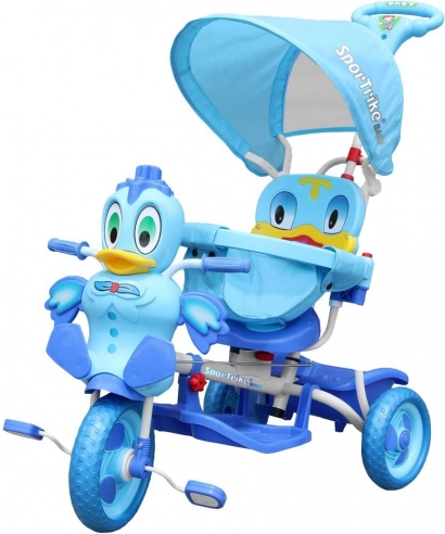 triciclo per bambini anatra blu con suoni, cappottina, barriera di sicurezza e cestino portaoggetti