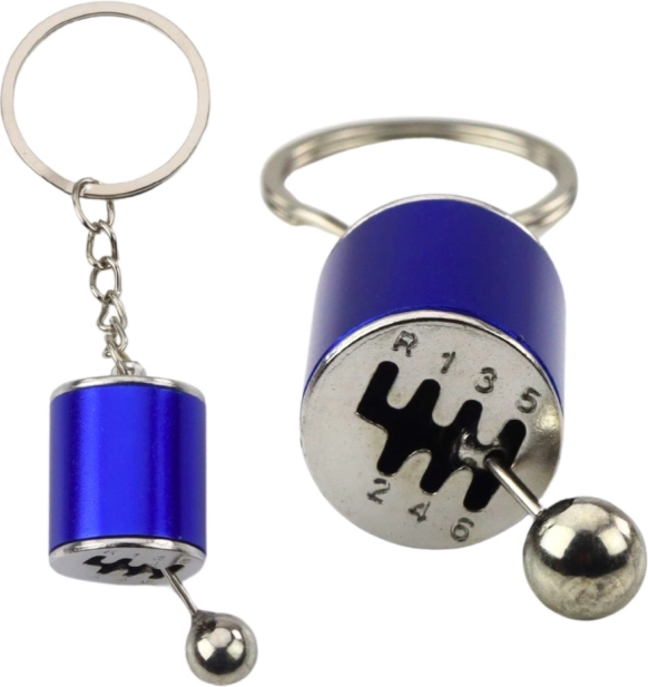 Metalen sleutelhanger in de vorm van een handgeschakelde versnellingsbak – blauw