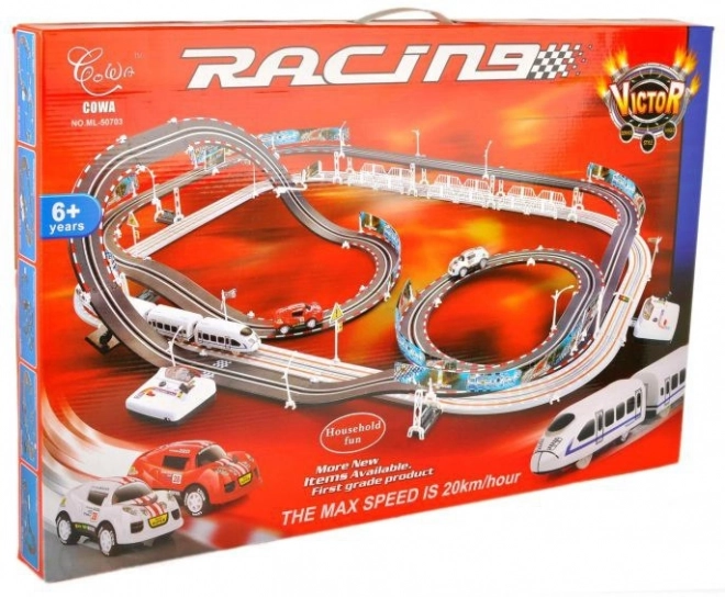 2-in-1 Race Track with Electric Train and Car for Kids 6+