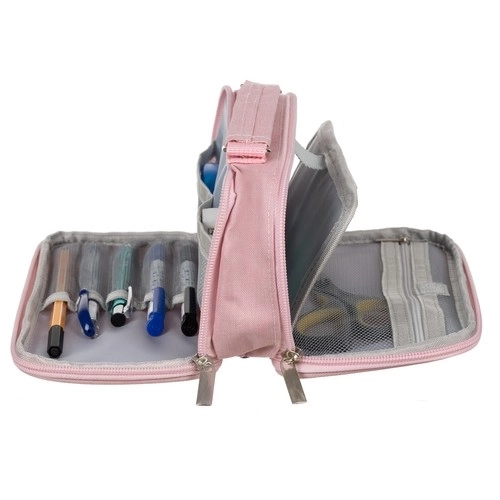 Large Pink School Pencil Case - Foldable Double Compartment