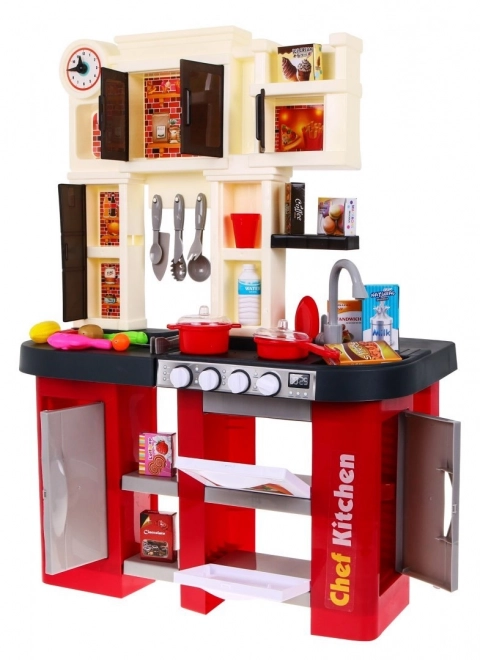 Interactive Red Children's Kitchen With Sound And Light Burners + Water Faucet + 58 Accessories