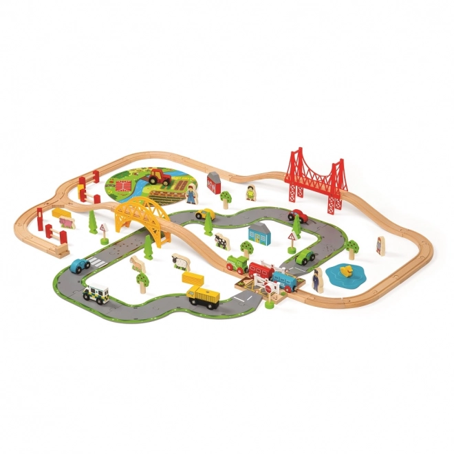 Bigjigs Rail Wooden Train Set with Country Road 80 Pieces