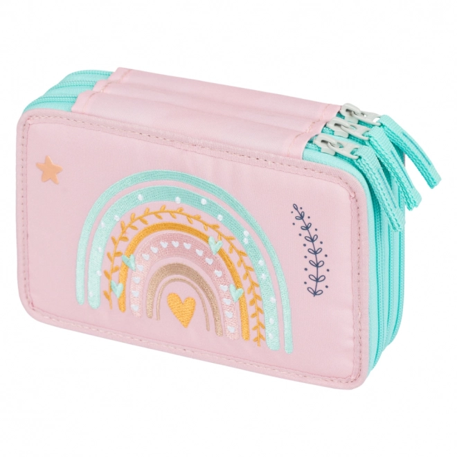 Pink Rainbow Three-Compartment School Pencil Case