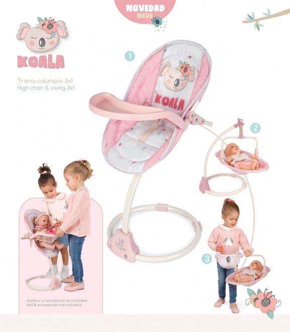 Multifunctional Doll High Chair and Swing 3 in 1 Koala