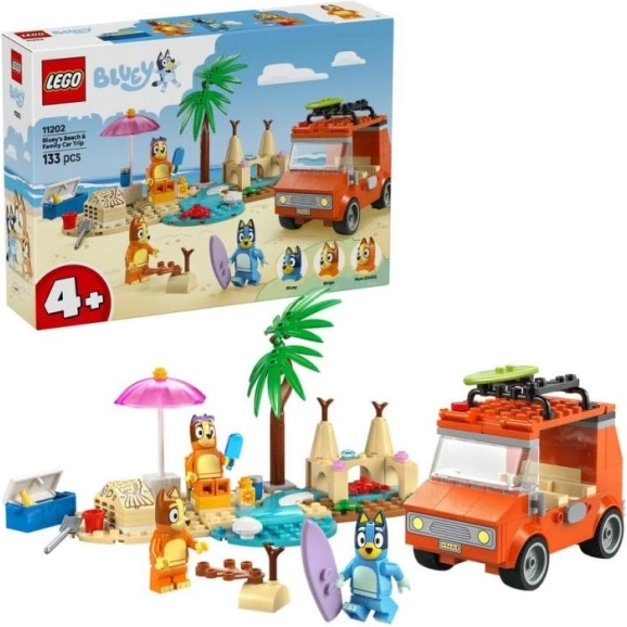 Bluey gezinsuitje met de auto naar het strand bouwset