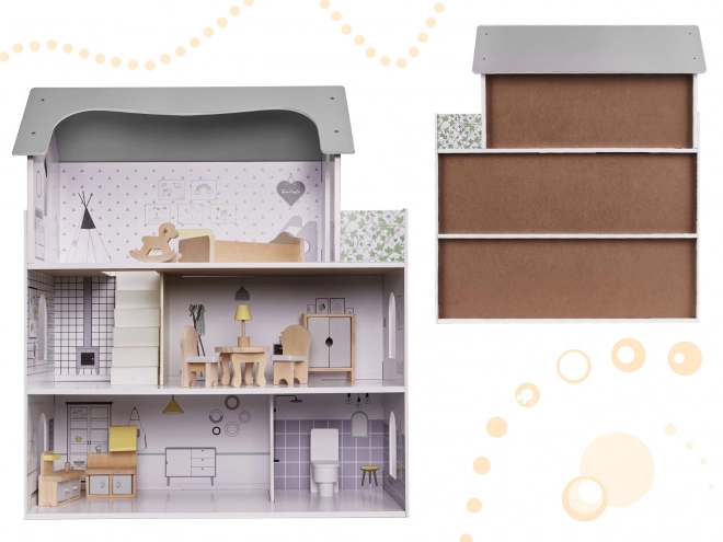 Wooden Dollhouse with Furniture Gray