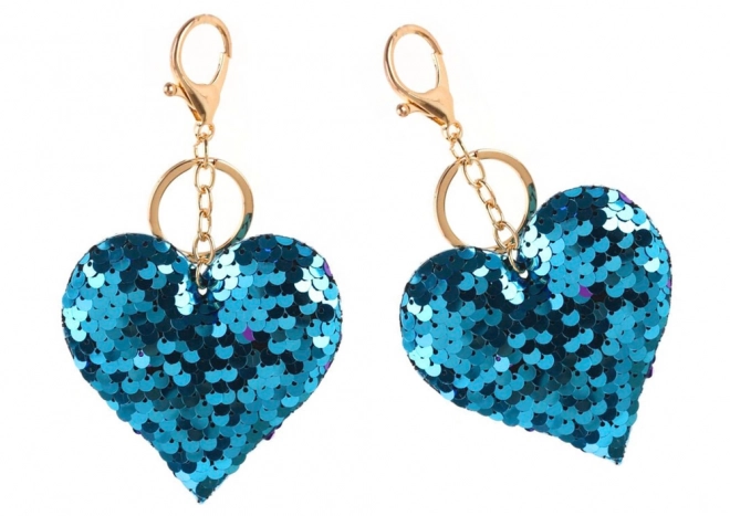 Heart Shaped Sequin Keychain Silver and Blue