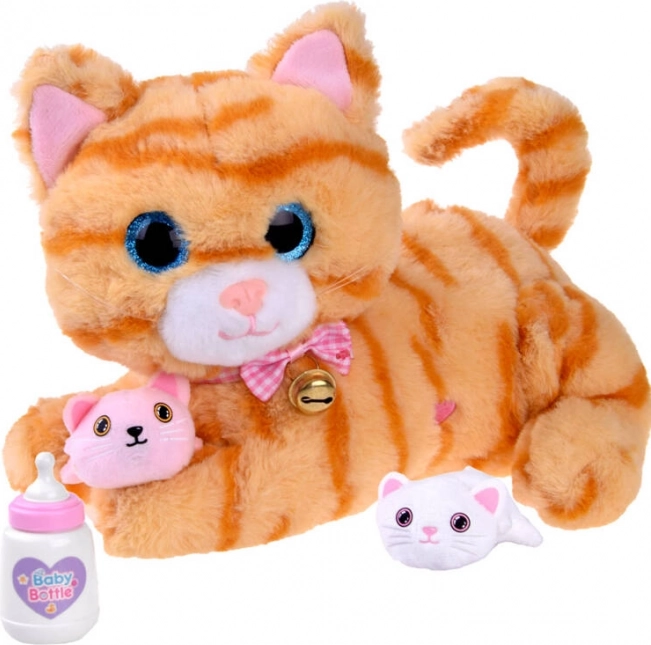 Interactive Plush Cat with Kittens and Bottle – Orange