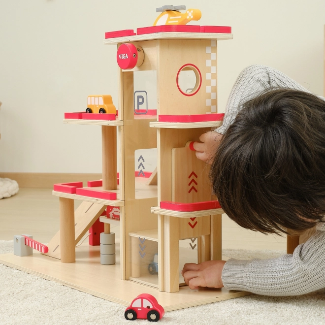 Wooden Parking Garage Set with Elevator