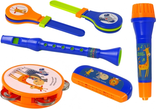 Instruments de musique pour enfants - Set tambour, tambourin, flûte, hochet, harmonica, animaux