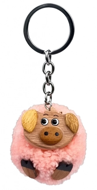 Wooden Keychain with Pompon - Pig Design