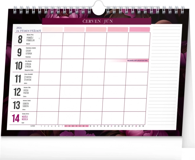 Wekelijkse planner kalender Paarse bloemen 2026, 30 x 21 cm
