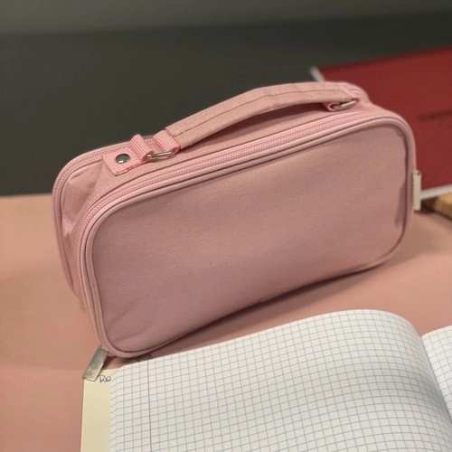 Large Pink School Pencil Case - Foldable Double Compartment