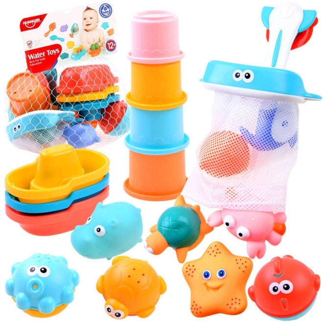 Colorful Bath Toy Set with Organizer and Boats