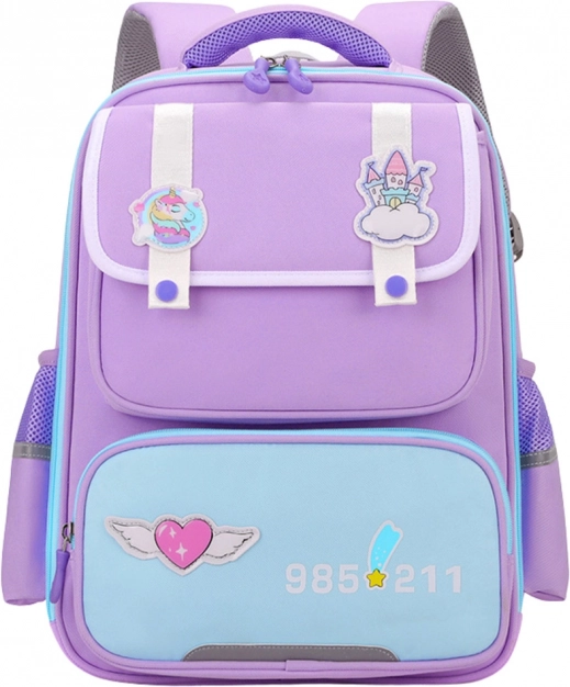 School Backpack with Patches and Chest Strap Purple 16L