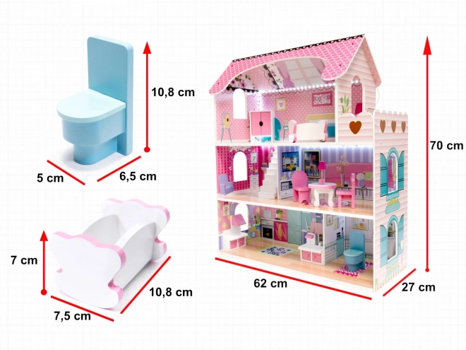 wooden dollhouse with pink LED lights