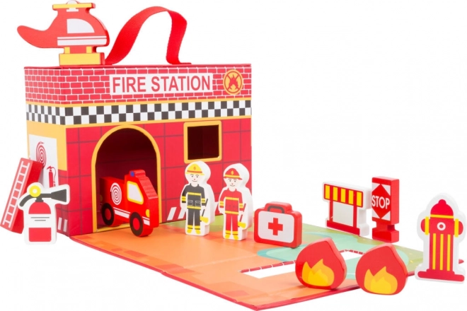 Kleine Fuß Holz Feuerwehrstation im Koffer