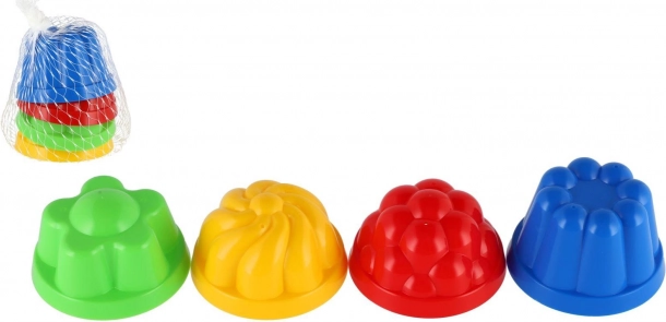 Plastové formičky na piesok – okrúhle bábovky 8 cm, sada 4 ks v sieťke