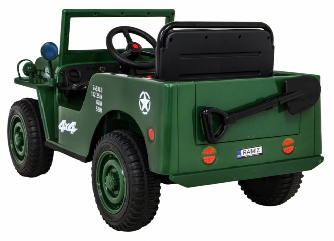 Retro military car for kids green + 4x4 drive + remote control + 2 luggage carriers + slow start + MP3 LED